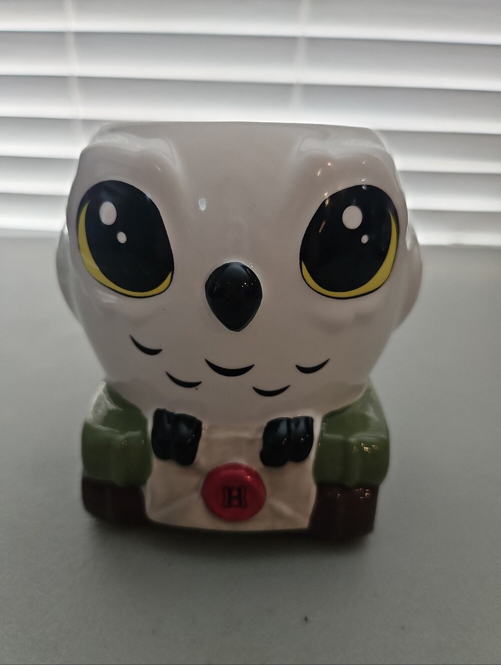 Williams Sonoma White Owl Figurine with Yellow Eyes and Green Base